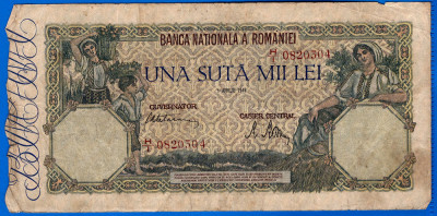 (5) BANCNOTA ROMANIA - 100.000 LEI 1946 (1 APLILIE 1946), FILIGRAN ORIZONTAL foto