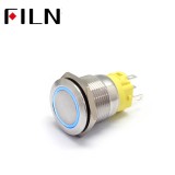 Buton push iluminat cu mentinere, 5A 12V DC, 19mm, IP67, metalic, inel LED albastru, 5 pini, FLM19-FJ-1-EX000-N11Z5-BLUE