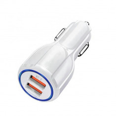 Incarcator Auto Fast Charge cu 2 porturi USB, 3.1A, 12-24V, culoare alb foto