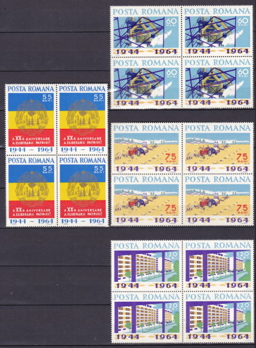 ROMANIA 1964 LP 587 A XX-a ANIVERSARE A PATRIEI BLOCURI DE 4 TIMBRE MNH