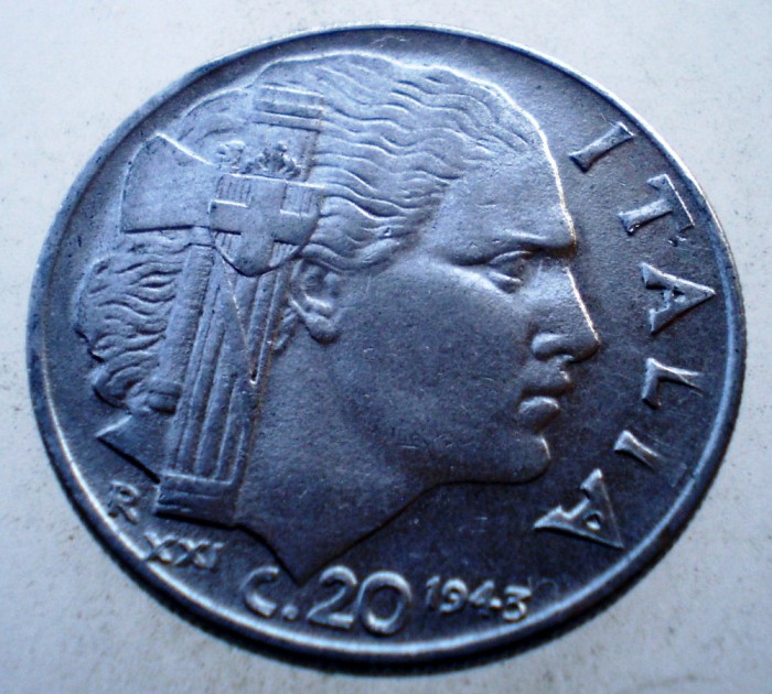 1.788 ITALIA WWII VITTORIO EMANUELE III 20 CENTESIMI 1943 R MAGNETIC