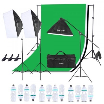Kit studio foto, 3 lumini softbox, suport fundal 2x3m, 12x bec 135W, 3 panze fundal multicolore + geanta transport foto