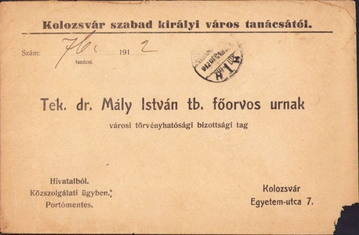 A503 Plic cu sigiliu și antet Kolozsv&aacute;r szabad kir&aacute;ly v&aacute;ros tan&aacute;cs, 1912