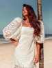 Rochie Dama Alba Mini Maneci Bufante Scurte, Decolteu V, Croiala Evazata, Stil Elegant, Bumbac, Fermoar