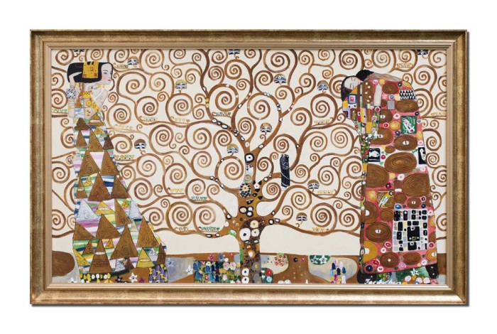 Tablou celebru pictat manual inramat living, dormitor, Copacul vietii, 110x70cm ulei pe panza, reproducere Gustav Klimt, rama din lemn