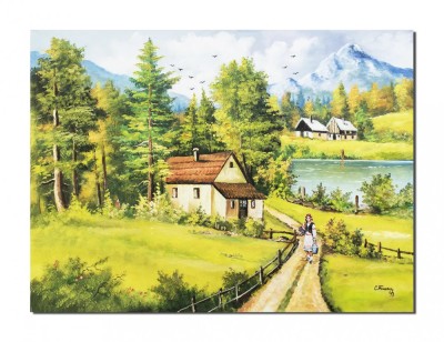 Tablou peisaj de la munte cu tarancuta si case pictat manual, Pe meleaguri mioritice, 120x90cm ulei pe panza, Constantin Feraru foto