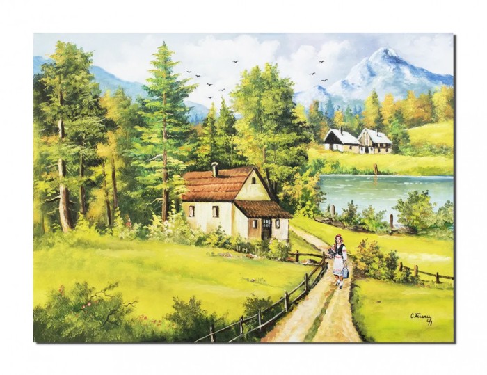 Tablou peisaj de la munte cu tarancuta si case pictat manual, Pe meleaguri mioritice, 120x90cm ulei pe panza, Constantin Feraru