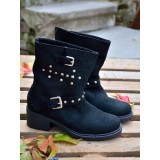 Bocanci dama din piele intoarsa cu tinte Biker Black, 35