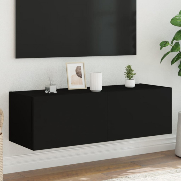 vidaXL Comodă TV de perete cu lumini LED, negru, 100x35x31 cm