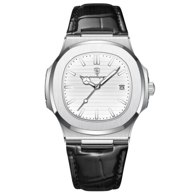 Ceas barbatesc de mana Poedagar Analog Casual Fashion Quartz Piele Negru Argintiu Alb foto