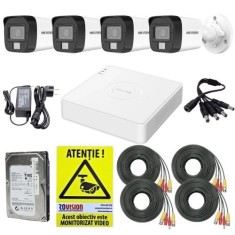 Sistem supraveghere complet Hikvision, 4 camere 5MP 3K Dual Light Audio, DVR 4 canale 3K 5MP, Accesorii, HDD 500GB, Autocolant Rovision SafetyGuard Su