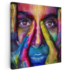 Tablou canvas portret femeie vopsita multicolor, multicolor 1245 Tablou canvas pe panza CU RAMA 40x40 cm