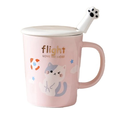 Cana cu capac din ceramica si lingurita Pufo Love Kitty pentru cafea sau ceai, 250 ml, roz foto