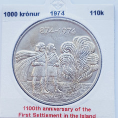 195 Islanda 1000 kronur 1974 1st Settlement km 21 argint