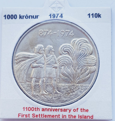 195 Islanda 1000 kronur 1974 1st Settlement km 21 argint foto