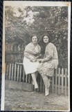 Fotografie tip Carte Postala, Romania, doua femei stand pe un gardulet, la tara, 1929