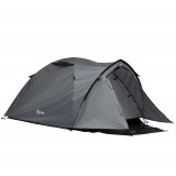 Outsunny Cort Camping Impermeabil 4 Locuri Impermeabil cu Vestibul, Ferestre si Usi cu fermoar, 325x183x130cm Gri