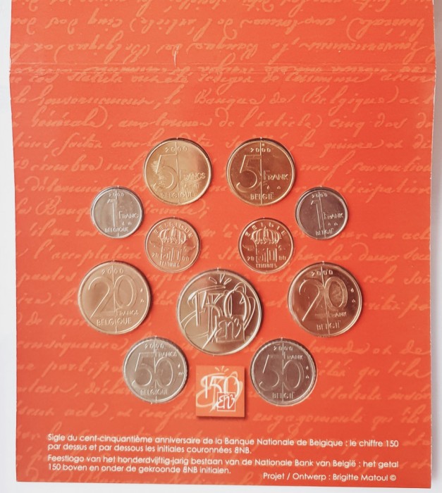 M01 Belgia set monetarie 10 monede 2000 50 centimes 1, 5, 20, 50 Francs