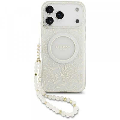 Husa MagSafe pentru Apple iPhone 17 Pro Max, Guess, IML Flowers Allover Electroplated with Pearl Strap, Alba foto