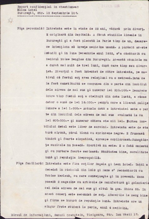 HST A1320 Raport confidențial/notă informativă 1934 evreică București