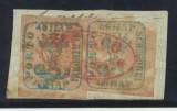MOLDOVA 1858 două timbre originale Cap de Bour 40 parale cu stampila rosie Franco Jassy pe fragment de scrisoare, cu certificat de autenticitate, Istorie, Stampilat