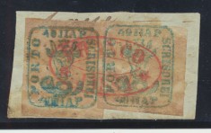 MOLDOVA 1858 două timbre originale Cap de Bour 40 parale cu stampila rosie Franco Jassy pe fragment de scrisoare, cu certificat de autenticitate