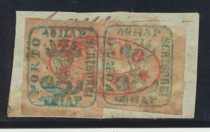 MOLDOVA 1858 două timbre originale Cap de Bour 40 parale cu stampila rosie Franco Jassy pe fragment de scrisoare, cu certificat de autenticitate