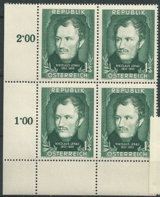 AUSTRIA 1952 - PERSONALITATI ,POET , N.LENAU BLOC DE 4 NESTAMPILAT foto