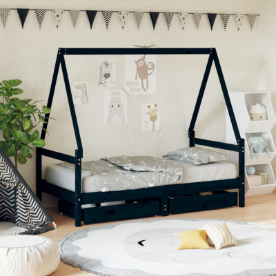 vidaXL Cadru de pat copii cu sertare, negru, 80x160 cm, lemn masiv pin foto