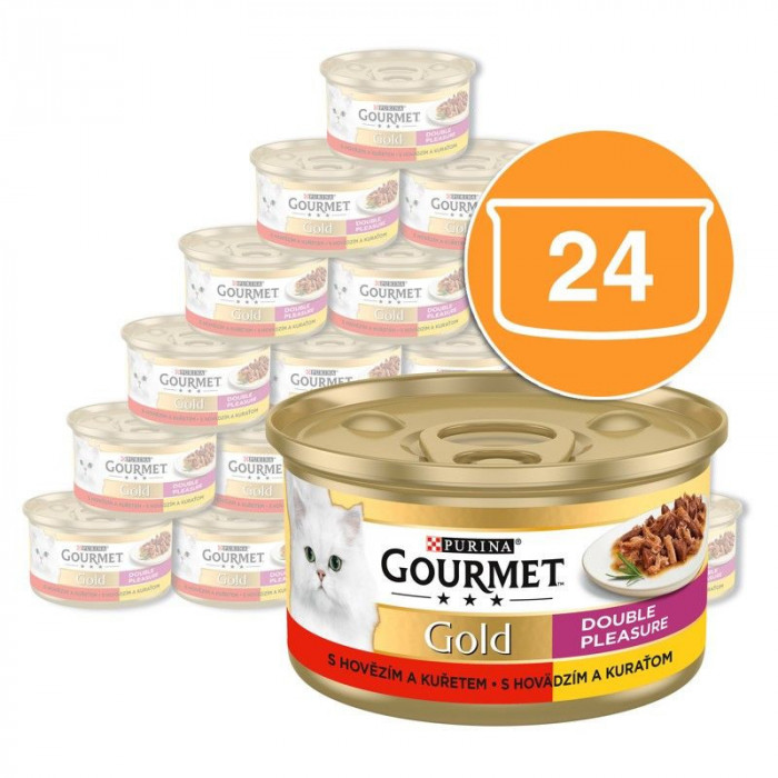 Conservă Gourmet GOLD - bucățele fripte și &icirc;năbușite de vită și pui, 24 x 85g