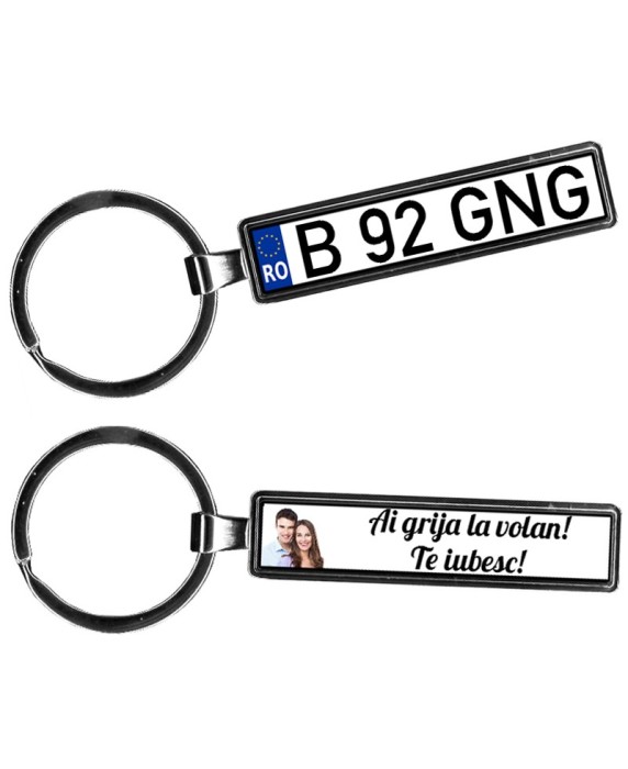 Breloc metalic personalizat cu numar auto, fotografie si mesaj, argintiu Breloc metalic personalizat cu numar auto, fotografie si mesaj, argintiu