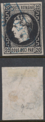ROMANIA 1867 Carol cu favoriti 20 parale hartie subtire stampila rara albastra foto