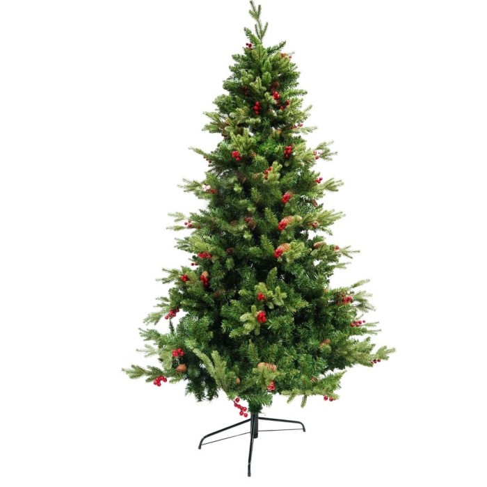 Brad de craciun artificial, decorat cu conuri pin rosii, inaltime 180 cm, suport metalic inclus, verde