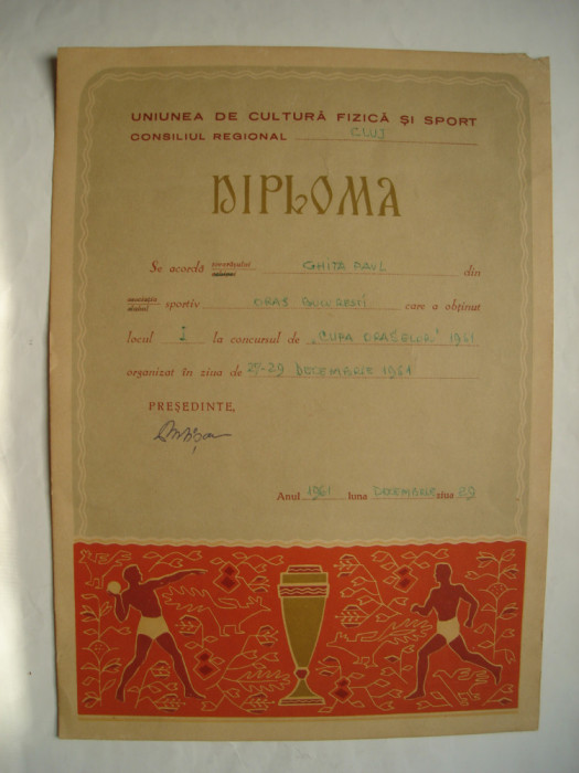Diploma Uniunea de Cultura Fizica si Sport, Cluj, 1961