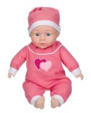 Papusa bebelus, fetita, cu caciulita si costum roz, corp moale, inaltime 35 cm, 3 ani+