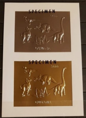 GUYANA ANIMALE PREISTORICE-DINOZAURI BLOC AUR SI ARGINT SPECIMEN MNH foto