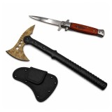 Cumpara ieftin Set topor si briceag de vanatoare DEPOX&reg;, 39 cm/23 cm, maro/negru, otel inoxidabil
