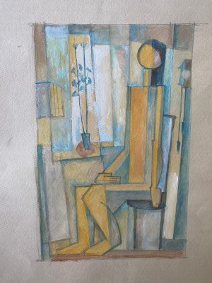 Acuarelă doi L. Klodnischi abstract cubist 48 x 33 cm foto