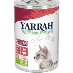 Hrana umeda bio pentru pisici, bucati de pui si vita in sos, 405g Yarrah