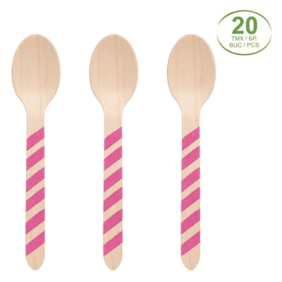 Set Linguri de Lemn, 20 Bucăți, Dungi Fucsia, 16cm foto