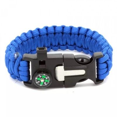 Bratara de supravietuire in aer liber, tip army, 5 in 1, paracord, busola , fluier, cutit, cremene, albastra, 26 cm foto