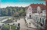 Carte postala, Baia Ocna Sibiului, Hotelul statului si lacul Horia, perioada interbelica
