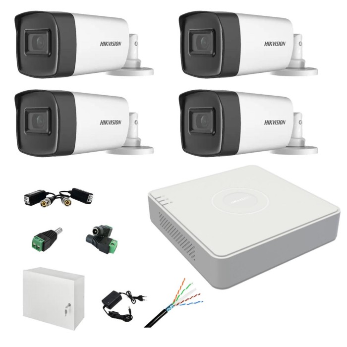 Kit complet profesional 4 camere supraveghere exterior 5MP TurboHD Hikvision IR 40m DVR 4 canale accesorii incluse SafetyGuard Surveillance