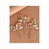 Cumpara ieftin Ace Par Mireasa, Model cu frunze si perle 5.5 x 10 cm, Argintii - 3buc