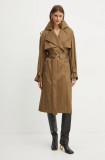 Bardot trenci HALLE femei, culoarea verde, de tranzitie, cu doua randuri de nasturi, 59399JB
