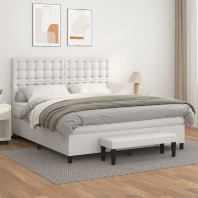 vidaXL Pat box spring cu saltea, alb, 180x200 cm, piele ecologică 3137678 foto