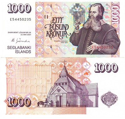Islanda 1 000 1000 Kronur Coroane 2001 P-59 UNC foto