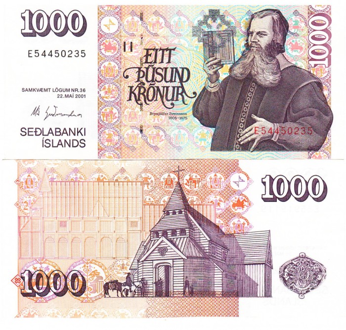 Islanda 1 000 1000 Kronur Coroane 2001 P-59 UNC