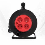 Prelungitor Rola cu Tambur, French Type,16A 250V, 25m, 4 Prize, Protectie Suprasarcina, 2300W, Black/Red