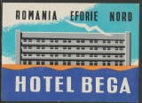 Romania anii 70-80 - Vigneta de bagaje Hotel BEGA din Eforie Nord, ONT Carpati, eticheta hoteliera, promovare turistica